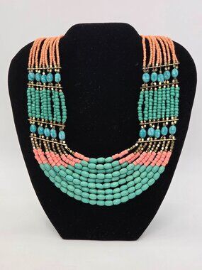 Multi Strand Southwestern Boho Bead Necklace | Faux Turquoise Coral & Gold Tone